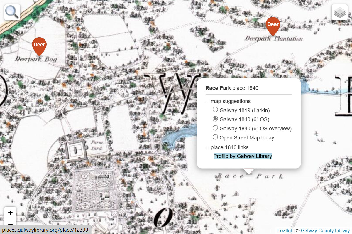 screenshot of Places 1840 markers on a 1840 Six-Inch map